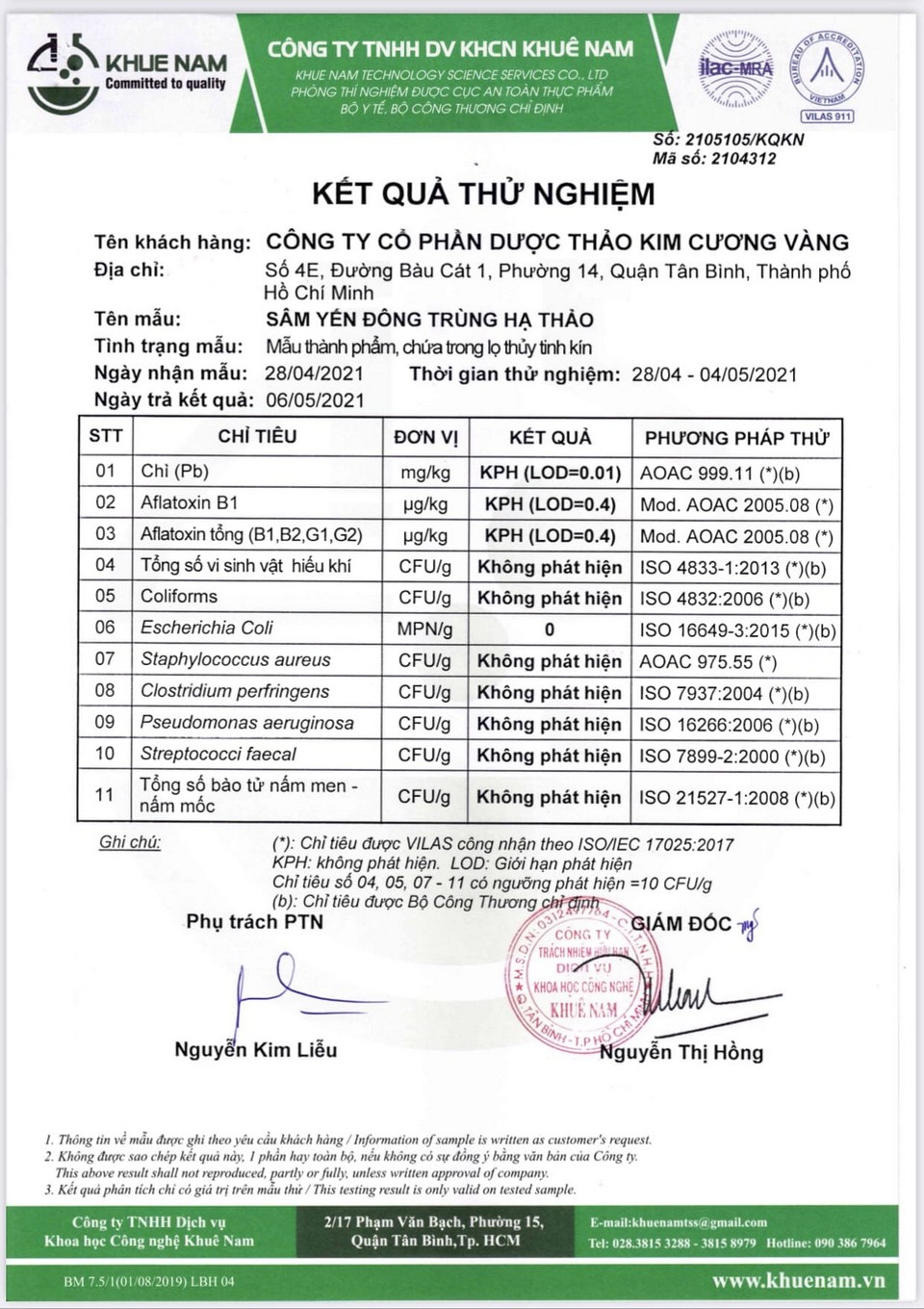 Chứng nhận sản phẩm đông trùng hạ thảo Kim Cương Vàng Store