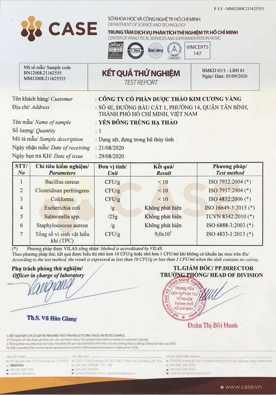 Chứng nhận sản phẩm đông trùng hạ thảo Kim Cương Vàng Store